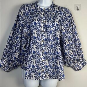 NEW Anthropologie Maeve Cockatoo Bird Blouse Button Front Shirt Balloon Sleeve M